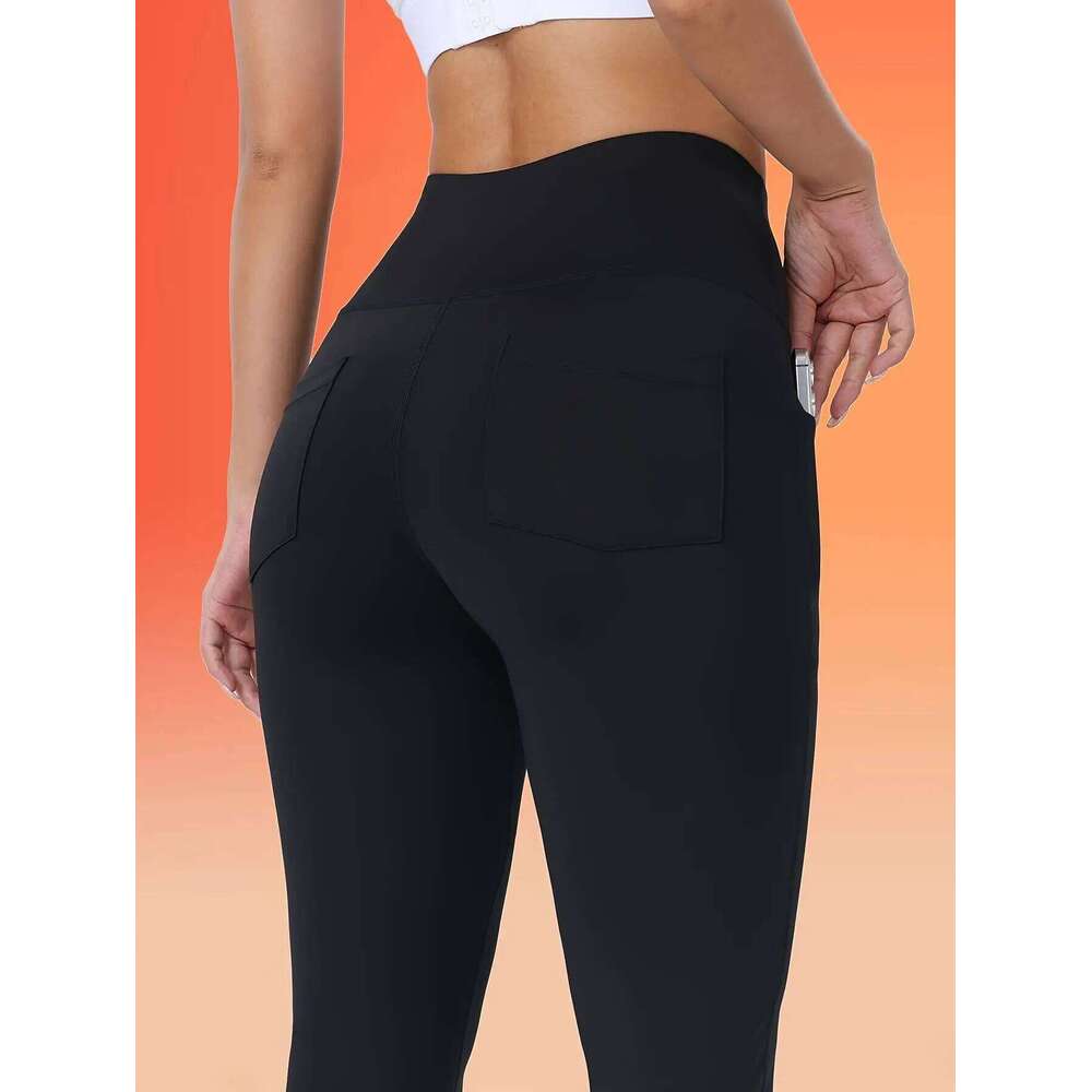 Women's High-Waisted Fleece-Lined Flare Leg Pants - Solid Color Quick-Dry Knit Trousers with Side Pockets, High Stretch