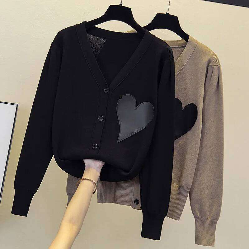 Love V-neck Knit Cardigan Sweater Women Oversized Tops Knitwear Autumn Winter Long Sleeve Double-breasted Elegant Jumpers Z260314