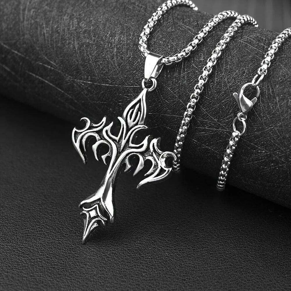 Flame Cross Pendant Male's Hip Hop Necklace Stainless Steel Retro Fashion Unisex Minimalist Jewelry For Men Women H260312