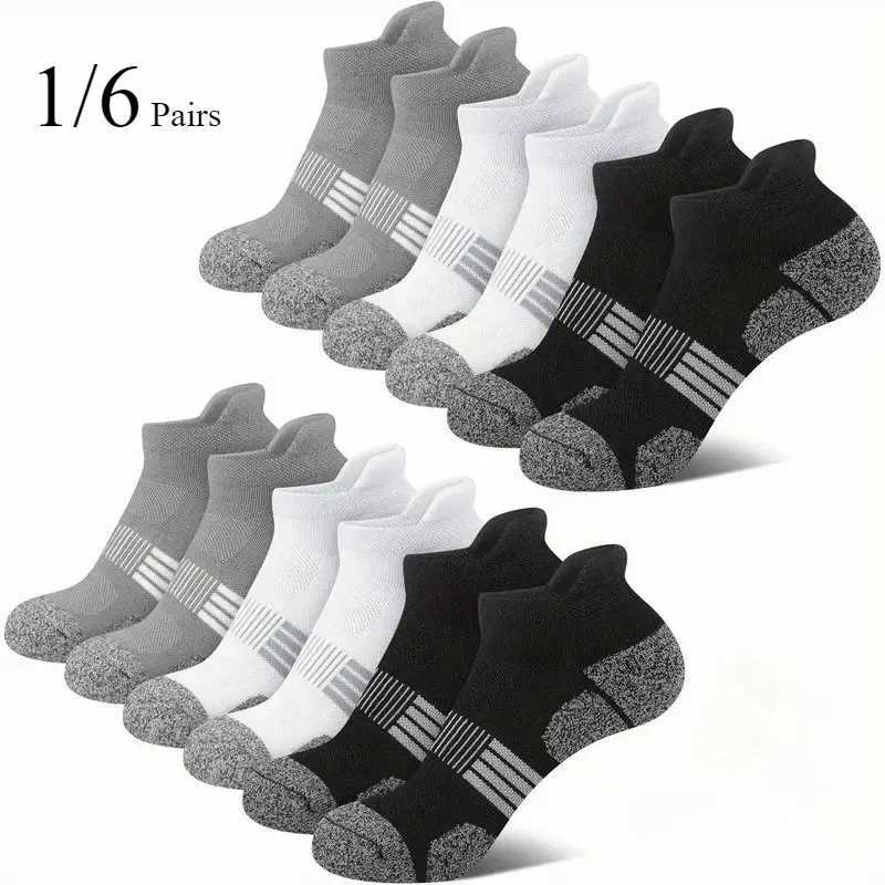 1-6 Pairs Unisex Thick Padded Low Cut Running Socks Summer Breathable Sweat Absorbing male Striped Design Casual Socks D260313