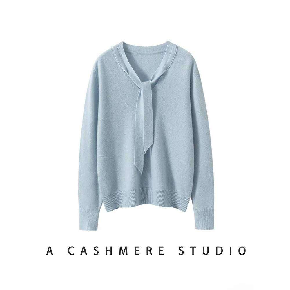 Women 100% Cashmere Sweater Ribbon V-neck Design Pullovers Autumn Winter French Retro Style Soft Knitwear Clothing Tops High-end Z260313