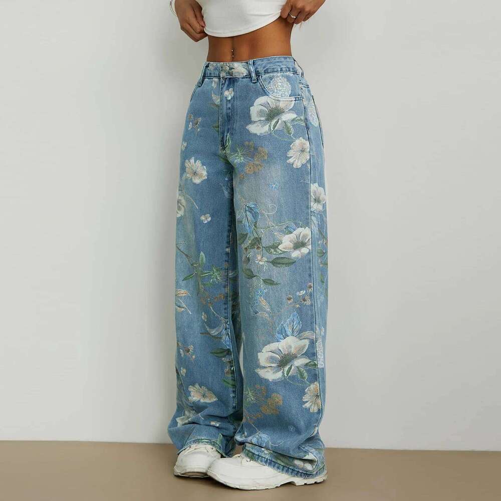 2025 New Y2K Women's Floral Print Denim Pants Lightweight Mid Waist Loose Wide Leg Jeans Trousers Z260313