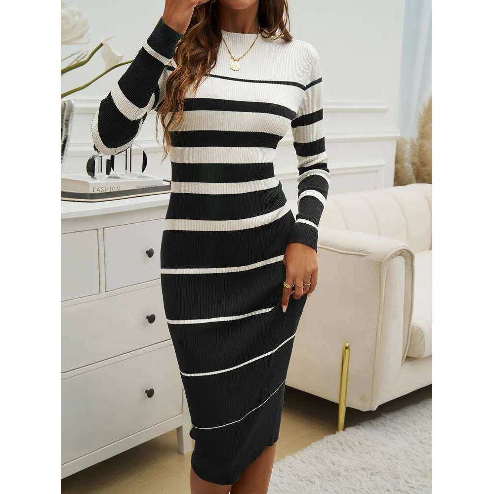 Office Ladies Knitted Elegant Striped Print Slim Long-sleeved Dress 2025 Autumn Winter Fashion New Z260313