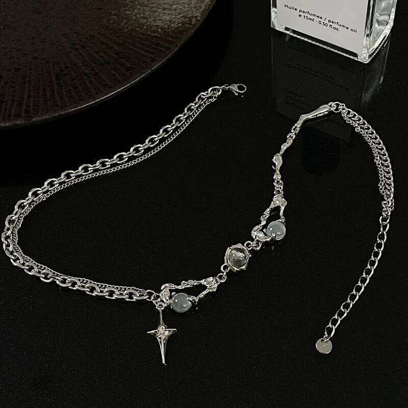 Kpop Fashion Shiny Star Necklace for Women Y2K Crystal Zircon Cross Pendant Necklaces Girls Antique Silver Color Clavicle Chain H260312