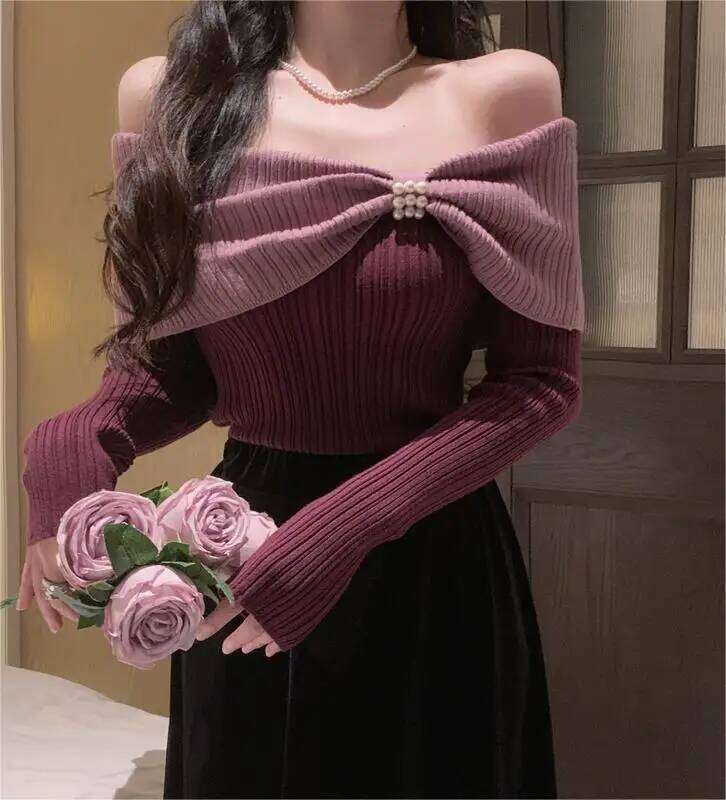 One Shoulder Bow Knit Sweater Women's New Top Z260313