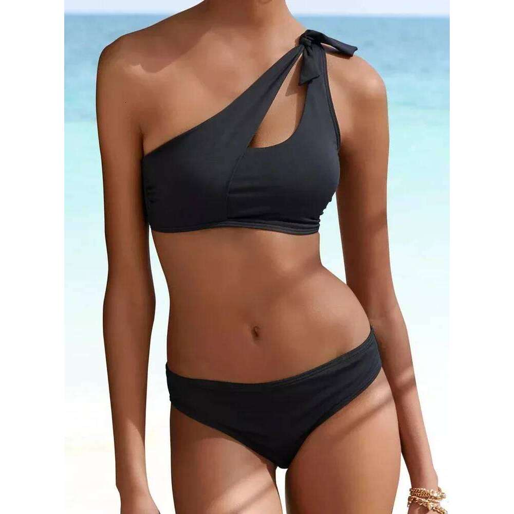 Bikini 2025 New Swimsuit Women Swimwear Solid Black One Shoulder Bikinis Set Bathing Suit Female Two Pieces Beach Wear Biquini Y260303
