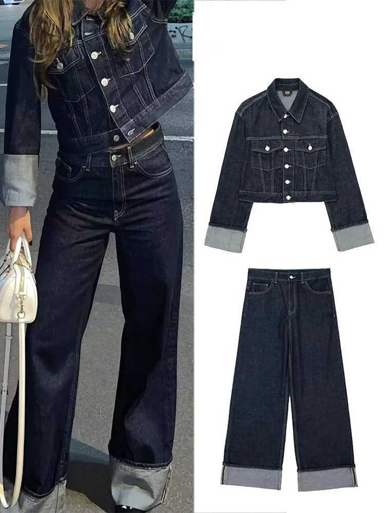 HH Womens Street Denim Suit Retro Splicing Single-breasted Pocket Short JacketHigh-waisted Womens Wide-leg Pants 2-piece M260313
