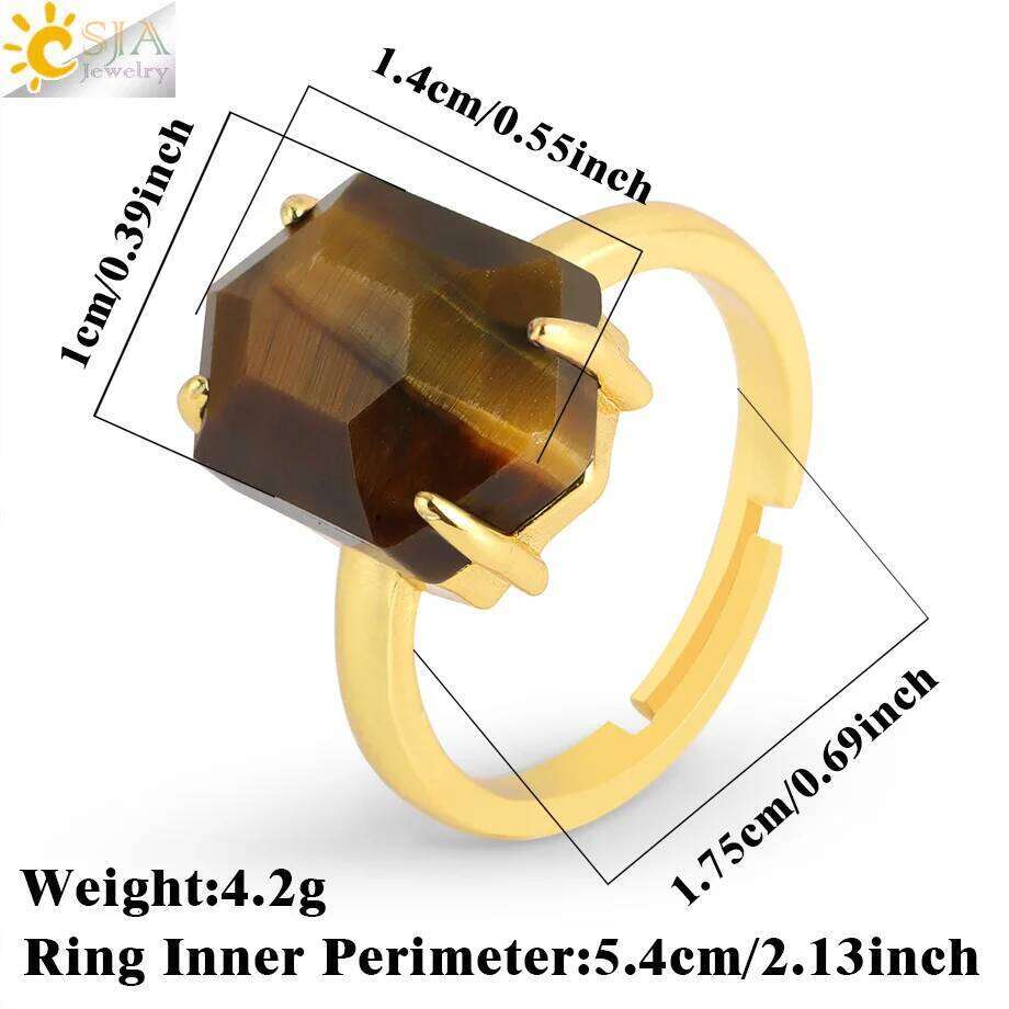 CSJA Natural Stone for Men Faceted Crystal Healing Tiger Eye Amethysts Gold Color Ring Jewelry Accessorise H544 H260312