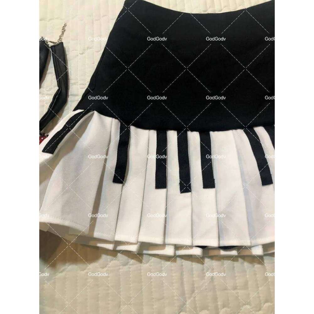 2000s Aesthetic Elegant Women Piano skirt Stripe Design Y2k Slim Mini Skirt Female Black White Spliced Korea Style Chic Outfits Z260314
