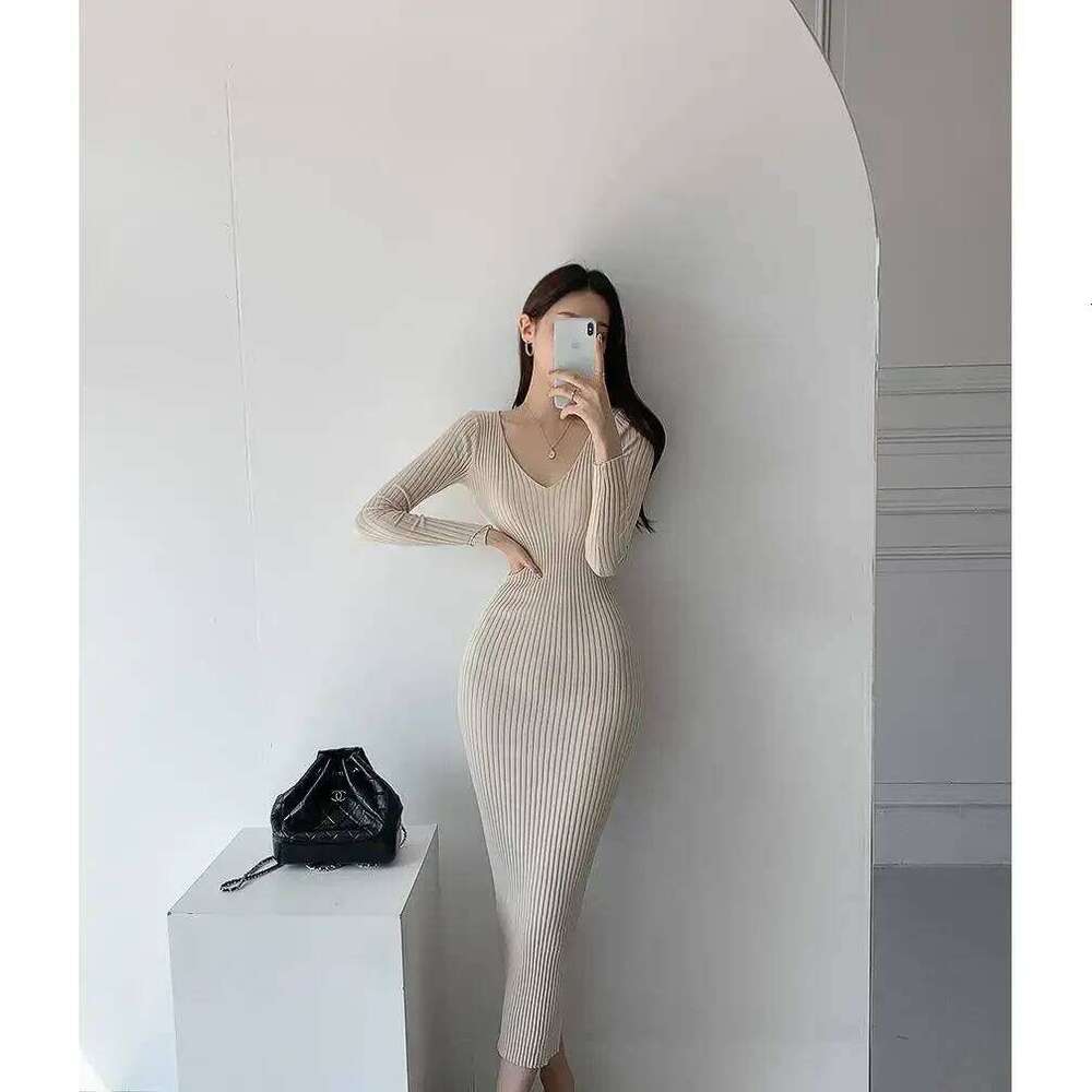 Base Slimming and Versatile Long Skirt Temperament V-neck Slim Knit Dress Women's Z260313