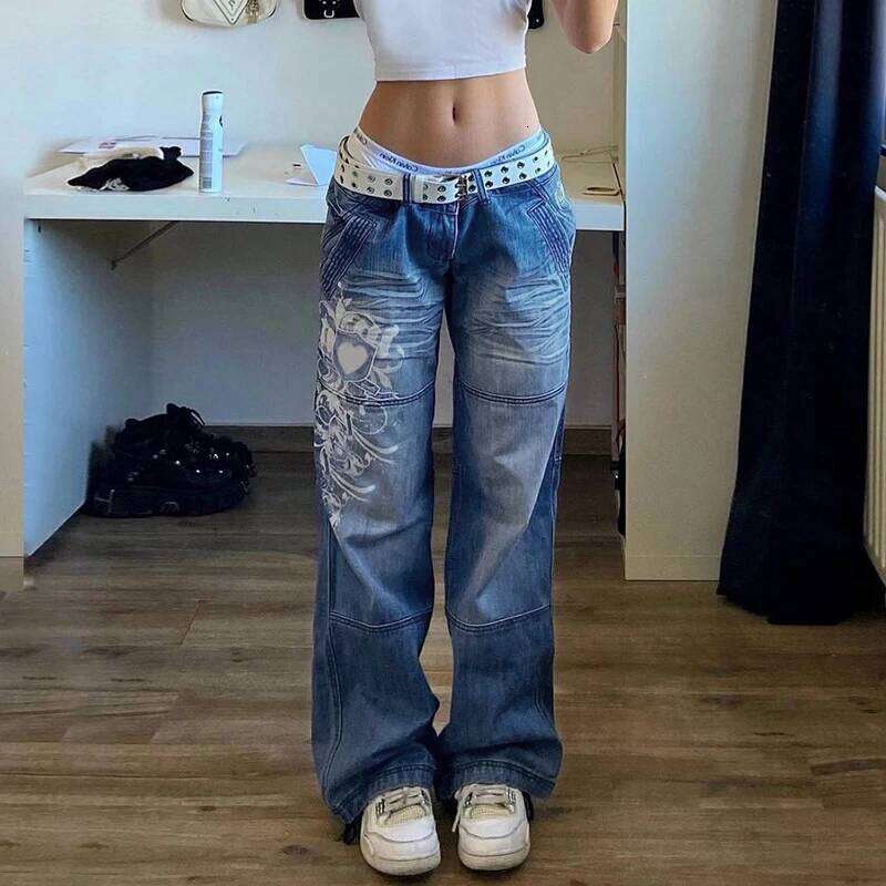 Women's Harajuku Jeans Floral Print Vintage Aesthetic Baggy Straight Pants Grunge Casual Outfits Trousers Streetwear Y2k Z260313