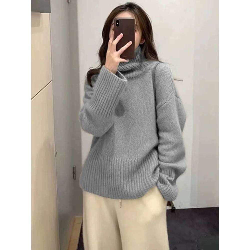 2025 Autumn/Winter New 100% Cashmere Wool Turtleneck Sweater Women's High Neck Knit Pullover Soft Comfortable Top Loose Jumper Z260313