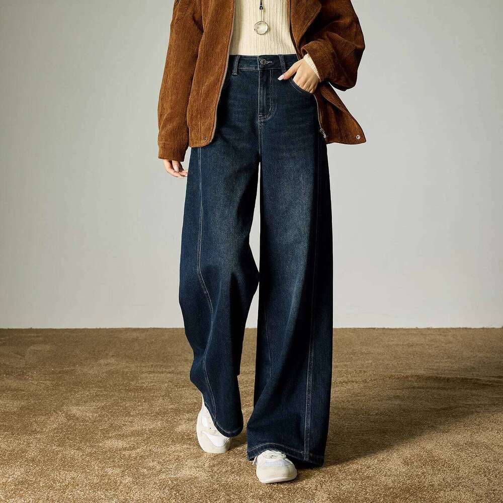 TOYOUTH Women Stretchy Jeans 2025 Winter New Fleece-Lined Warm Retro Indigo Deconstructed Split Wide-Leg Trousers Z260313