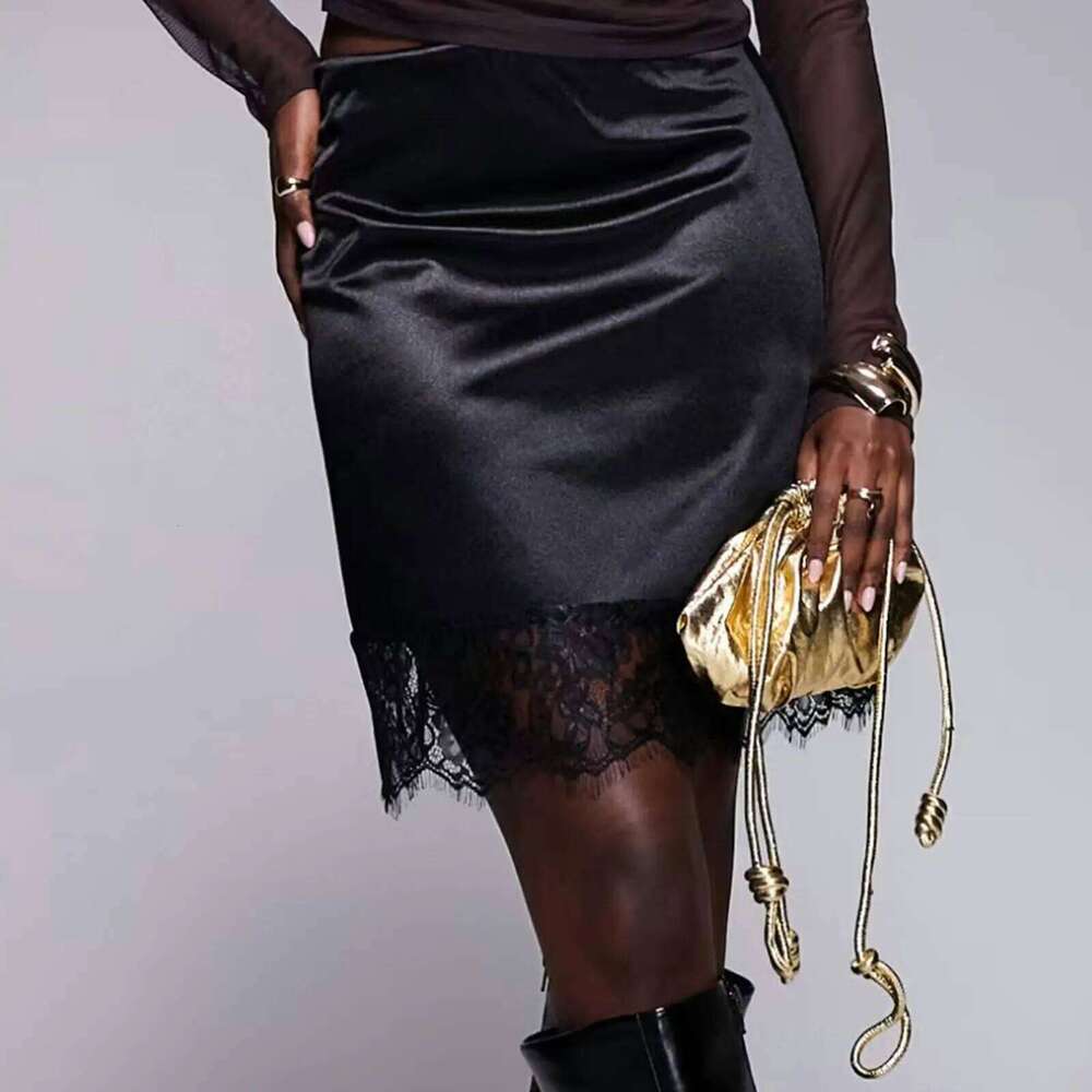 Combhasaki Women Satin Slip Mini Skirt Floral Lace Trim Patchwork Silky Underskirt Y2k Elastic Low Rise A-Line Half Slips Skirts Z260314