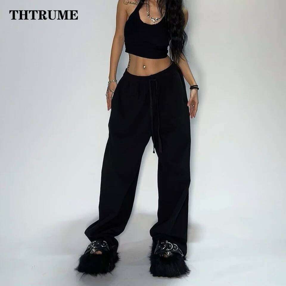 Casual Women Solid New Pant Fashion Summer Oversized Vintage Pocket Drawstring Wide Leg Pants Elegant Loose Baggy Chic Trousers