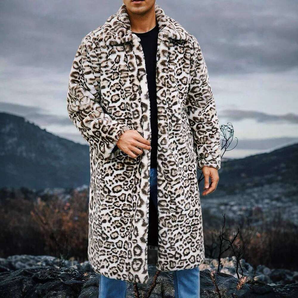 Men Faux Coats Leopard Fur Jackets Mid Length Long Sleeve Turn Down Collar Open Stitch Thick Loose Casual 2025 Autumn Winter Z260313