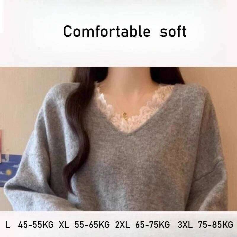 Elegant V-Neck Lace Patchwork Sweaters Women Fashion Office Lady Solid Loose-Fit Soft Knitted Pullover Z260313