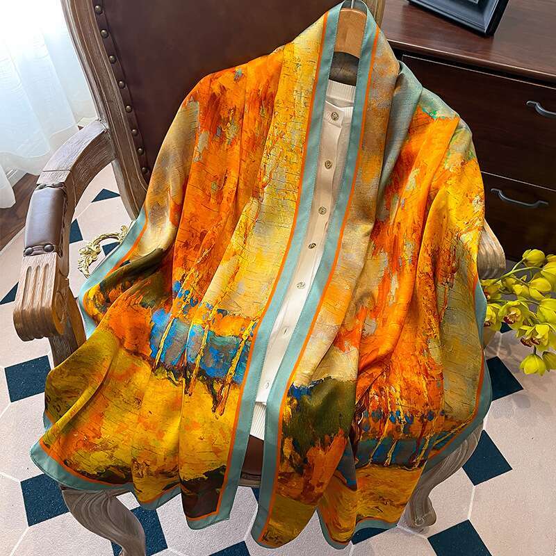 Mulberry Silk Scarf Women - Lightweight Breathable, Featuring A Vibrant Autumn Leaves Pattern, Long Shawl Ideal Fashionable Layering,Gift Liuyuemoshan