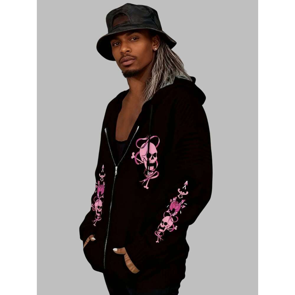 New hooded zip-up Men Winter 100%Cotton skull print woman Vintage fleece sweatshirt Casual fall clothes y2k oversized hoodie 26Y0313