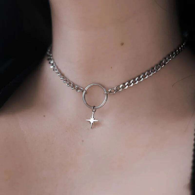 Gothic Punk Silver Color Star O-Ring Choker Necklace Stainless Steel Cuban Chain Necklaces For Women H260312