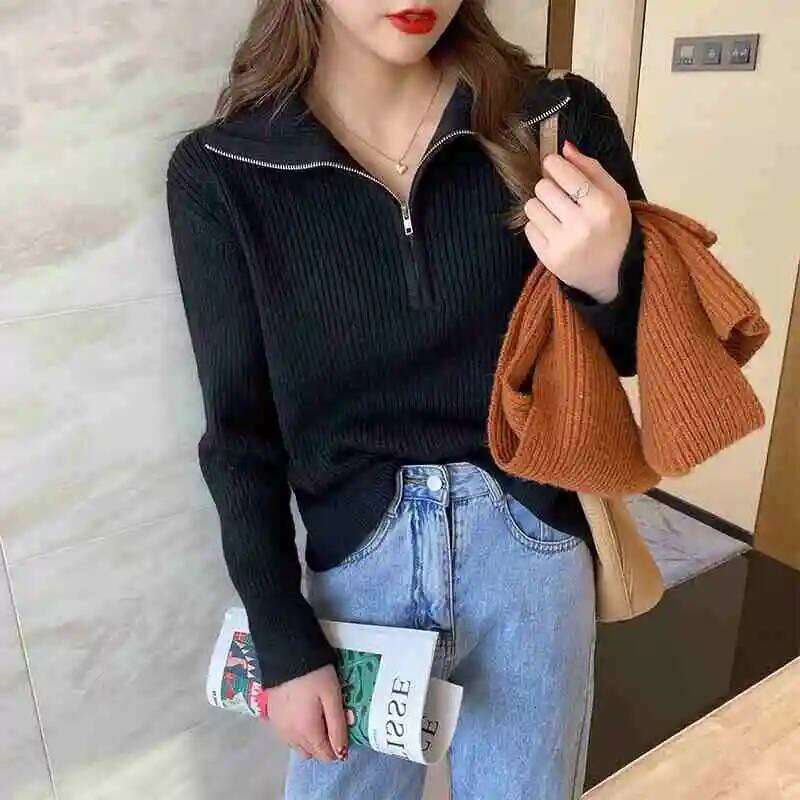 Knitted Pullovers New Long Sleeve Turn Down Collar Knit Sweater Pullover Women Tops Sweaters Sueter Feminino Q1008 Z260313