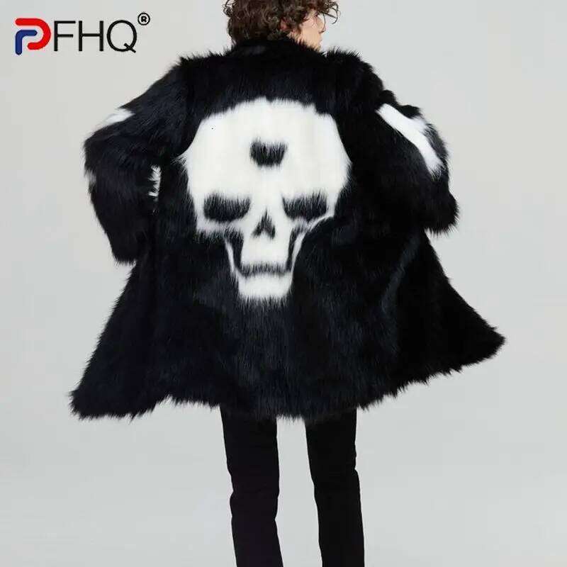 PFHQ Men's Youth Personality Skull Pattern Faux Fur Windbreaker Plush Popular Fashion Creativity Comfortable Autumn Coat 21Z2165 Z260313
