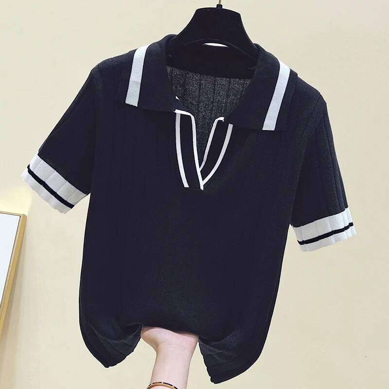 Summer Knitted Sweater Tshirt Women Casual Fashion Basic Split Tees Tops Short Sleeve Polo Collar Ladies Knitwear Jumpers Z260313