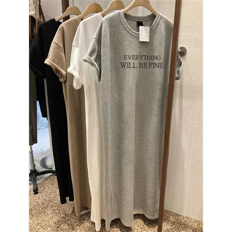 Summer Thin Plus Size Loose Short Sleeved Dress Women 2025 New Letter Printed Simple Round Neck DressT260314