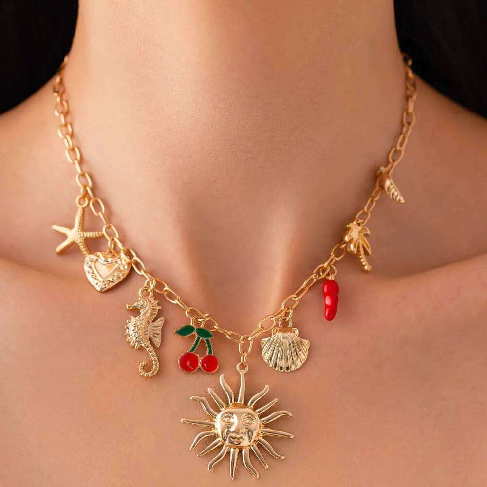Salircon Sun Starfish Scallop Pendant Necklace for Women Vintage Conch Summer Beach Holidays Gold Color Chain Jewelry Gift H260312