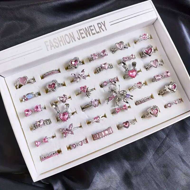10Pieces Exquisite Pink Synthetic Zircon Heart Butterfly Rings Set For Women Mix Style Open Adjustion Jewelry Party Gifts H260312