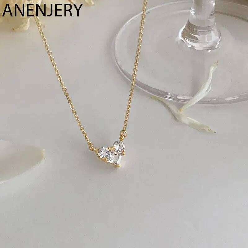 ANENJERY Silver Color Zircon Heart Necklace for Women Shiny Clavicle Chain Jewelry Gift Wholesale H260312