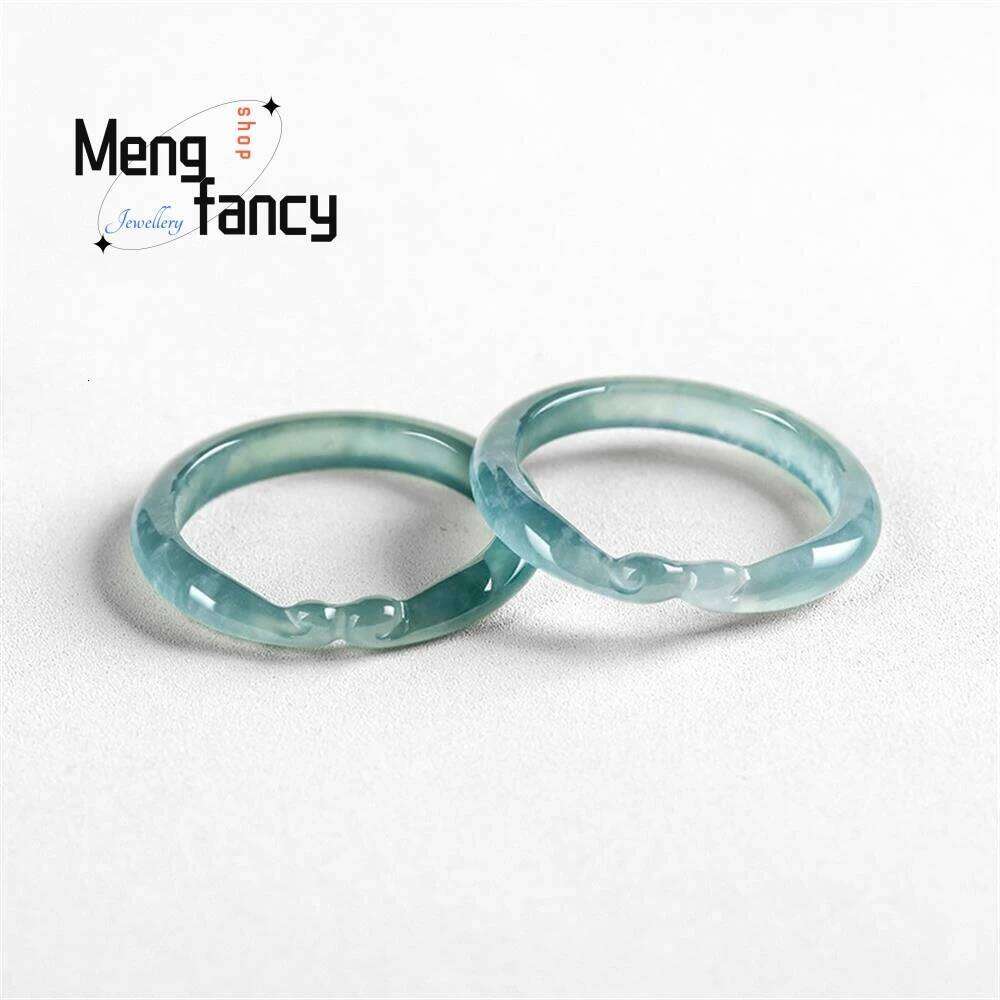 Natural A-goods Jadeite Blue Water Ruyi Tightrope Three-dimensional carving Ice Jade Ring Personalized Exquisite Fashion Jewelry H260312