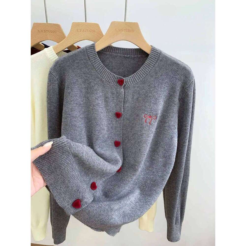2026 Korean Casual Solid Tops Women O-Neck Single Breasted Heart Button Sweater Bow Embroidery Knitted Cardigan Woman Clothes Z260313
