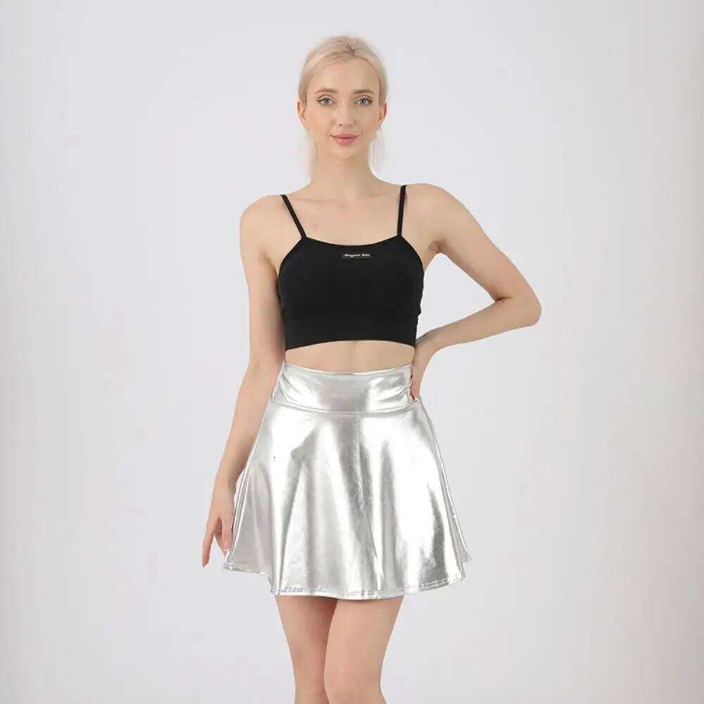 Elegant Metallic Pleated Gold Silver Retro A-line Elastic Flared Design Girls Short Mini Skirt Daily Wear Z260314