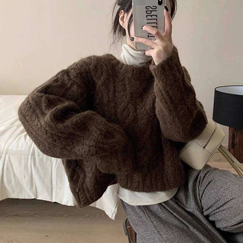 Autumn Winter Thicken Warm Cropped Knitted Pullover Women Japanese Twist Sweater Woman Lazy Style Baggy O-Neck Jumpers Z260313