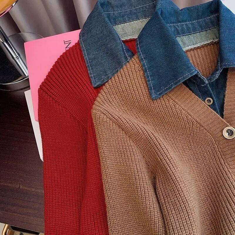 Fake two-piece Sweater Knitted Cardigan Women's Autumn Winter Design sense Polo collar Denim patchwork Long sleeved Loose Top Z260313