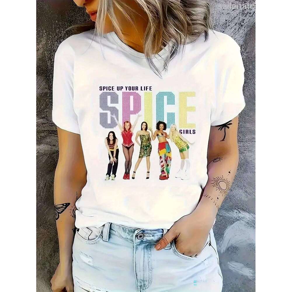Retro Playful Design White Spice Graphic T-Shirt for Women - 90s Crew Neck Sleeve with Colorful Cartoon Print Aesthetic Clothes Z260314