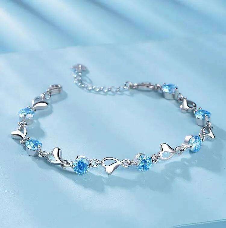 925 Sterling Silver Ocean Heart For Women Vintage Korean Versatile Blue Crystal Charm Bracelets Original Party Jewelry Z260313