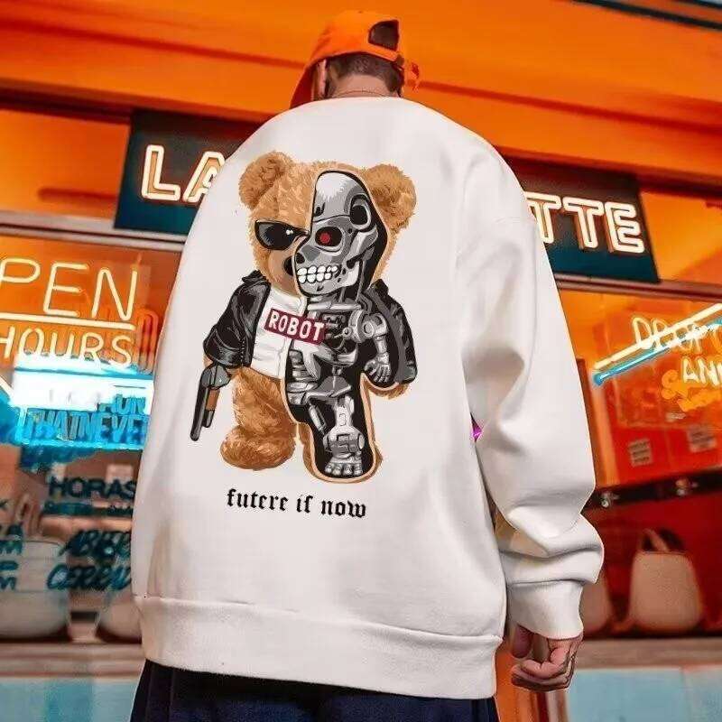 M-8XL Autumn Men Oversized Fashion Loose Steel Muppet Bear Print Sweatshirts Long Sleeve Plus Velvet Couple Clothes Z260314