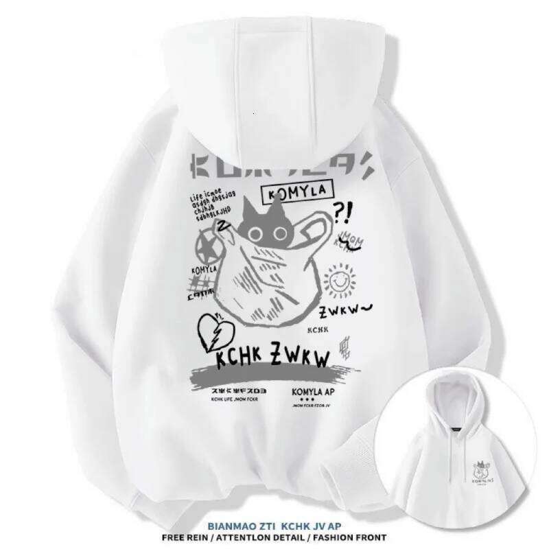 Japanese Fashion BrandoversizeLoose Fit Versatile Couple Outfit Cartoon Cat Print College Style Hoodie Sweatshirt Z260314