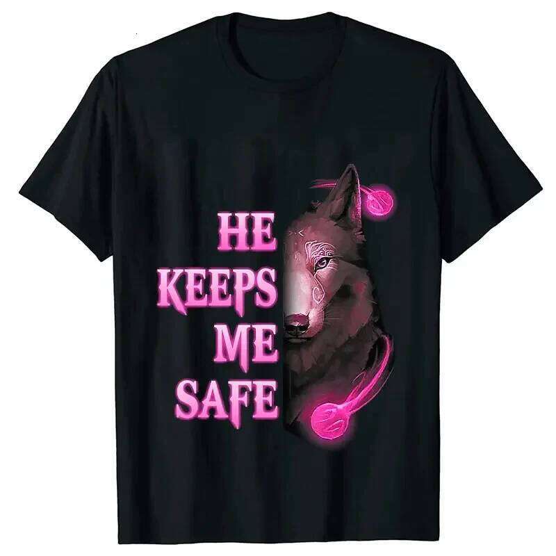 She Strong He Keeps Me Safe Matching T-Shirt Wolf Couple Tshirts Casual Black LOVER Woman Tops Valentine Shirts Z260314
