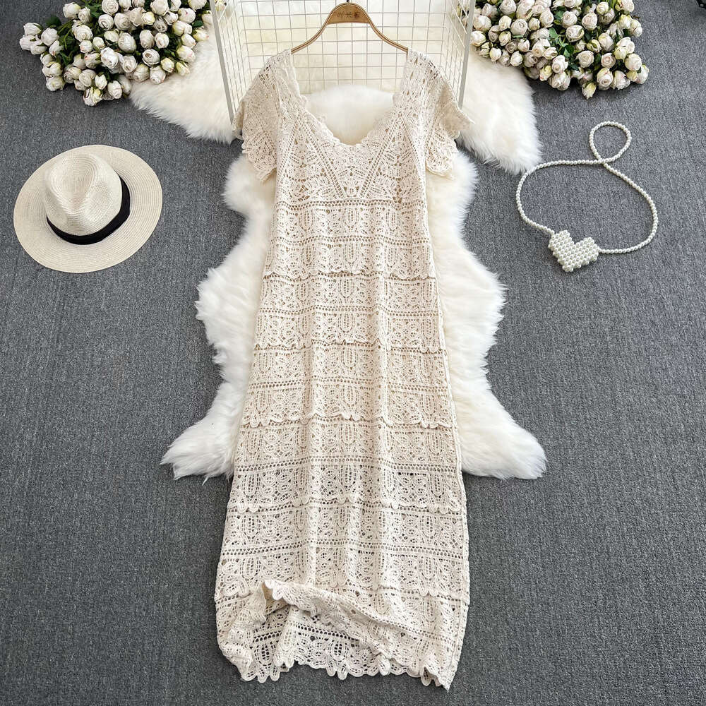 French Hepburn style long summer gentle style short sleeved V-neck waist slimming A-line crochet hollow lace dress