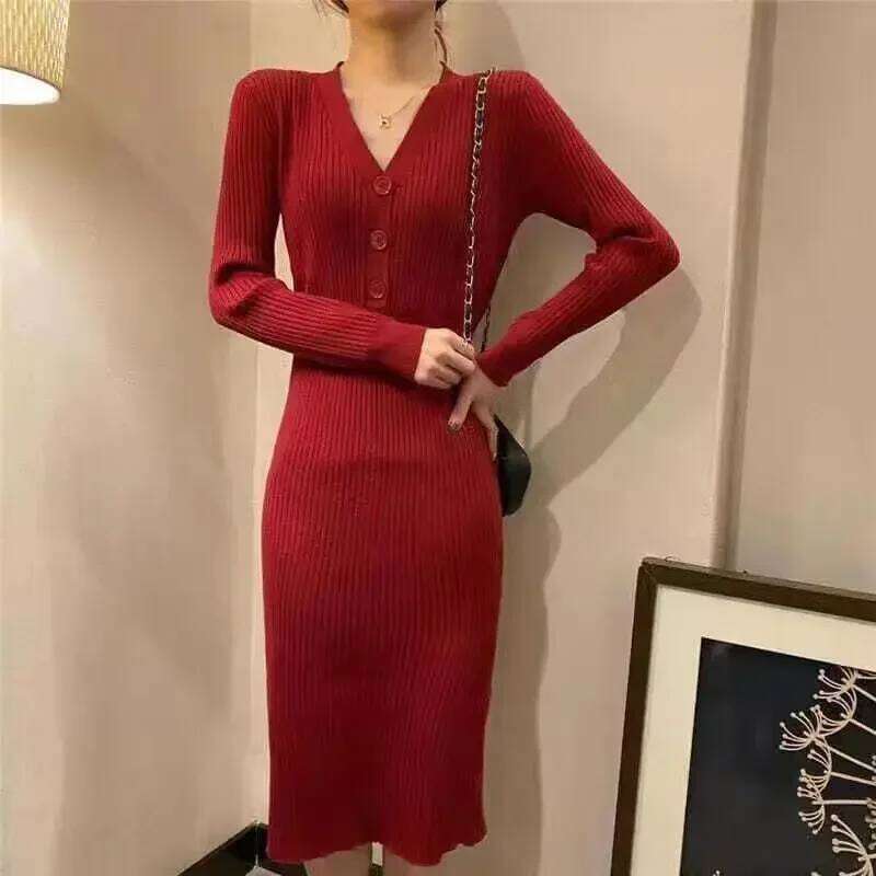 ITOOLIN Women Buttons Sweater Long Sleeve Elegant Knit V-Neck Slim Bodycon Dress Female Office Vestidos Autumn Winter Z260314