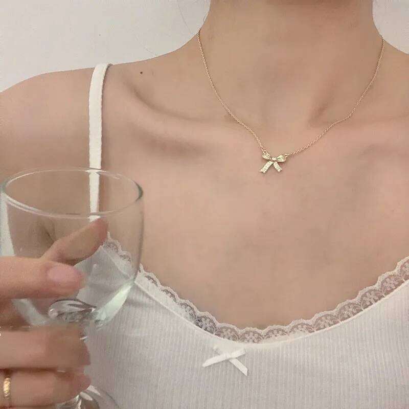 Silver Color Bow Clavicle Chain Fashion Acrylic Crystal Pendant Necklace For Women INS Jewelry Kpop Accessories H260312