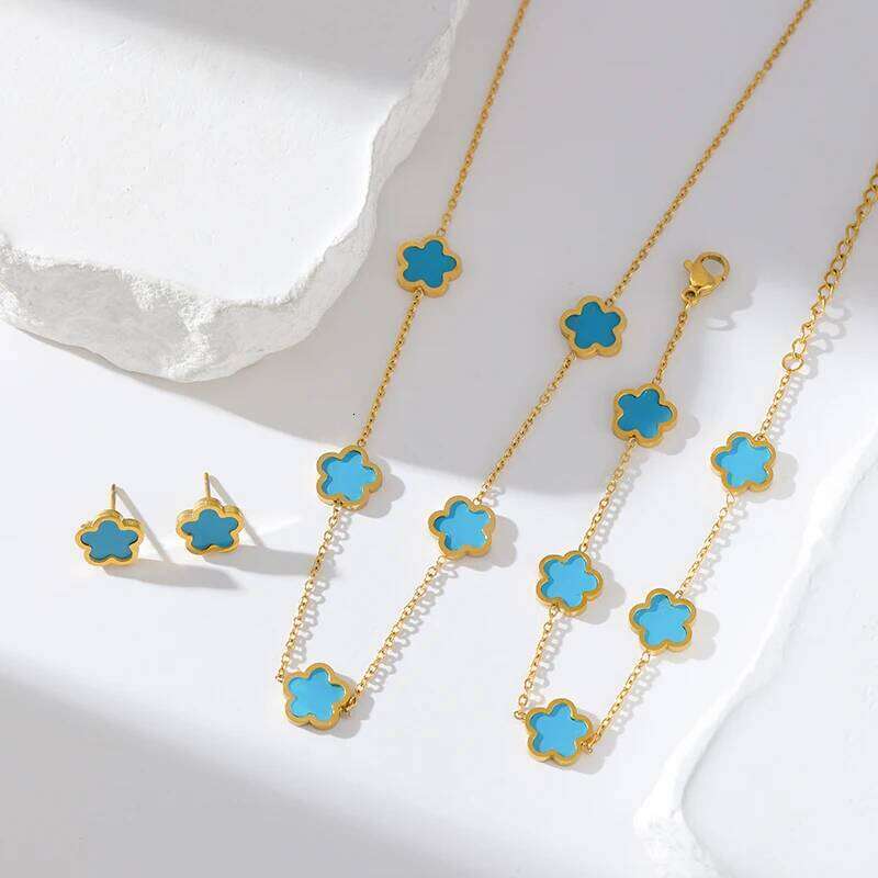 GANEMLY Stainless Steel Blue Plant Flower Necklace Earrings With Five Petals Women's Gifts Cr Jewelry H260312