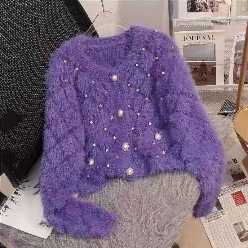 Casual Female Knitted Jacket Autumn Winter 2025 Long Sleeved Imitation Mink Women Cardigan Sweater Coat Age reduction Z260313