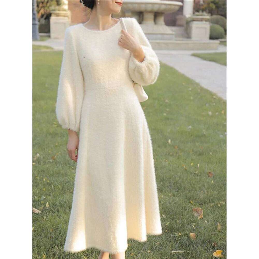 French Fairy Long Plush Gentle White Sweater Dress Women's Spring Autumn New Style Adding Velvet Thickening Dresses Z260313
