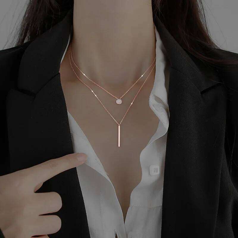 LATS New Shiny Round Plate Rose Gold Color Exquisite Double Layer Clavicle Chain Necklace Jewelry for Women Gift H260312
