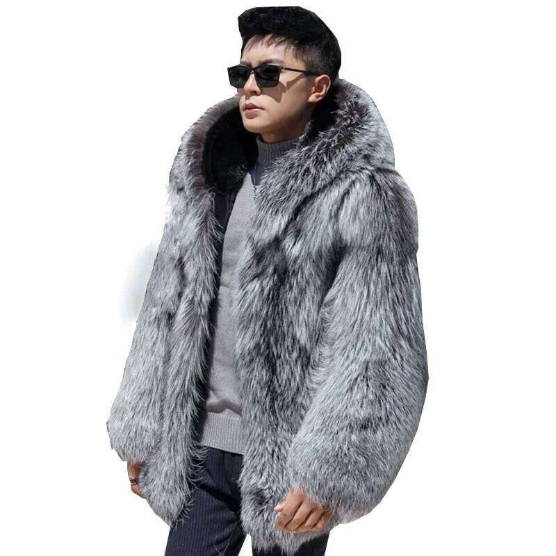 Fur Coat Men Autumn Winter Hooded Thick Faux Fox Jacket Long Sleeve Warm Luxury Black Parkas Bontjas Shaggy Outerwear JJ1000 Z260313