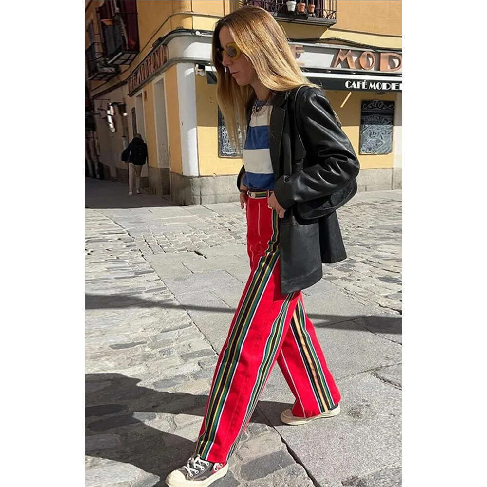 Women's Pants Contrast Color Striped Vintage Casual Straight Women High Waisted Trousers Fashion Printed Pocket Pant Z260314